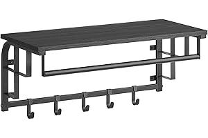 VASAGLE Appendiabiti da Parete, Mensola da Muro con 5 Ganci Rimovibili, Mensola da Parete, Barra Attaccapanni, per Ingresso Camera da Letto Soggiorno, Grigio Antracite e Nero LCR012B13