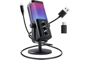 VCOM USB Microphone for PC, RGB Gaming Microphone with Headphone Jack, Mute Button, Gain Control, PC Dynamic Mic for Gaming, Streaming, Podcast, VoiceOver, Recording