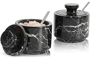 MARBLOUS KRAFTS Saliera in marmo con coperchio e cucchiaio, 7,6 cm, nera, per la conservazione del piano di lavoro della cucina, set moderno di 2 contenitori per zucchero, caffè, barattoli per spezie, barattoli per