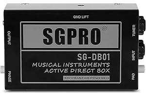 SGPRO Active Direct Box, Recording Signal DI Box for Musical Instruments as Guitar, Bass Guitar, and Keyboard Live Performance or Studio, 1/4" to XLR, Ground Lift 48V Phantom Powered Compact Unit