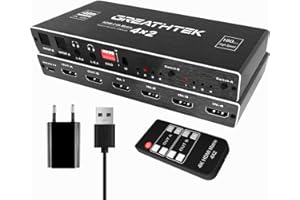 GREATHTEK Matriz HDMI 4x2 Switch 4K 60Hz, HDMI2.0, HDCP 2.2, Splitter HDMI 1 Entrada 2 Salidas ,HDMI Switch 4 entradas 2 salidas con Mando a Distancia IR, L / R 3.5mm de Salida, Extractor de audio, EDID.
