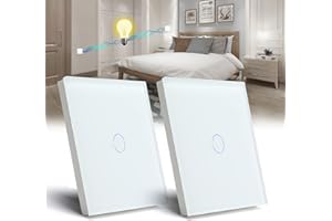 BSEED interruptor táctil de pared,1 Gang 2 Vías interruptor luz pared con indicador LED,Blanco Interruptor de Luz con panel de vidrio templado,sin cable neutro-2 Paquete