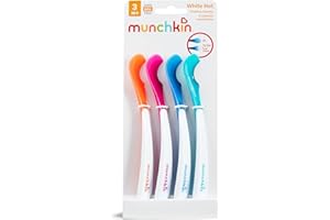 Munchkin Łyżeczki dla Dzieci White Hot, Zestaw Łyżek do Karmienia Niemowląt, Zmiana Koloru Ostrzega przed Ciepłem, Plastikowe Sztućce, Można Myć w Zmywarce, Łyżeczki Deserowe, bez BPA, 4 Sztuki