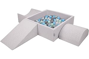 KiddyMoon Foam Playground For Kids With Square Ballpit (300 Balls ∅ 7Cm/2.75In) Soft Obstacles Course And Ball Pool, Made In The EU, Lightgrey:Pearl/Grey/Transparent/Babyblue/Mint