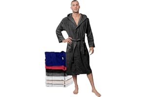 Twinzen Bathrobe Men 100% Cotton OEKO-TEX® Certified - Premium Dressing Gown Mens Absorbent Towelling with Hood, 2 Pockets, Belt