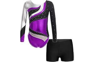 JanJean Kinder Mädchen Gymnastikanzug Glänzend Ballettanzug Langarm Turnanzug Ballett Trikot mit Kurze Hose Wettbewerb Tanzkostüm