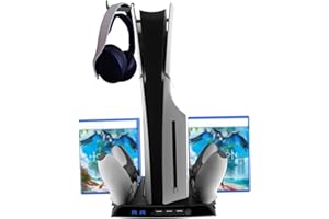 KOIIKO Charging Stand with Cooling Fan for PS5 Slim Console, Multifunctional Dual Controller Dock Charger Station with Game Disc Seats USB Hub Headphone Holder Accessories for PS5 Slim Digital/Disc Black