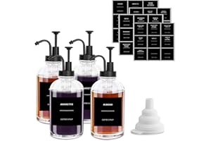Sunal Kaffee Sirup Spender Glas Set,500ml/16,9 oz Sirup Spender,4er Pack Schwarz Glas Honig Pump Flasche mit 36 Wasserdichten Etiketten und 1 Silikon Trichter für Küche Kaffee Bar