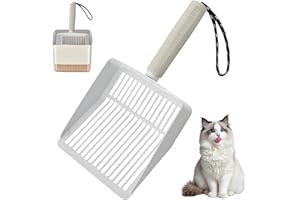 PORFOYO Pelle à Litière pour Chat avec Conteneur et Balai, Pelle en Acier Inoxydable pour Litière, Pelle pour Bac à Sable, Pelle à Chat, Facile à Nettoyer, Pelle pour Grands et Petits Grumeaux