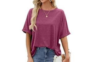 OLIPHEE Mujer Camiseta De Manga Corta Puños Doblados Cuello Redondo Casual Clásica Color Liso Tops Verano
