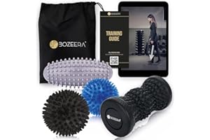 BOZEERA Rullo Massaggio Piedi Set | 1x Rullo per Piedi (Medio Duro) 2x Palline Massaggio (Medio Duro) 1x Palla Ovale (Duro)| Per Gambe, Schiena, Piedi | Pallina Massaggio Piedi Set Incl. Video, Poster e Borsa