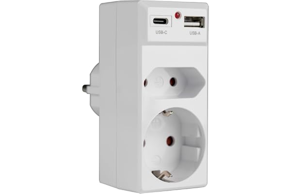 Laddningsuttag multikontakt adapterkontakt skyddskontakt med USB A+C-distributör flera kontakter 2-vägs 1 Schuko och 1 eurouttag vertikalt vitt (85318)