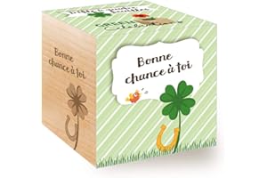 Feel Green Celebrations Ecocube, Trèfle À Quatre Feuilles, Avec Un Message Gravé De Haute Qualité: Bonne Chance À Toi, Idée Cadeau (100% Ecologique),Plantes dans des Cubes en Bois 7.5cm,