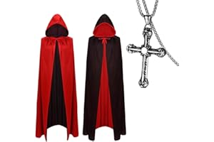 Pro-Noke Halloween Vampire Cloak with Cross Necklace Black and Red Reversible Hooded Witch Capes Adult or Kids Halloween Party Wizard Witch Vampires (Black w/t Red, 140cm)