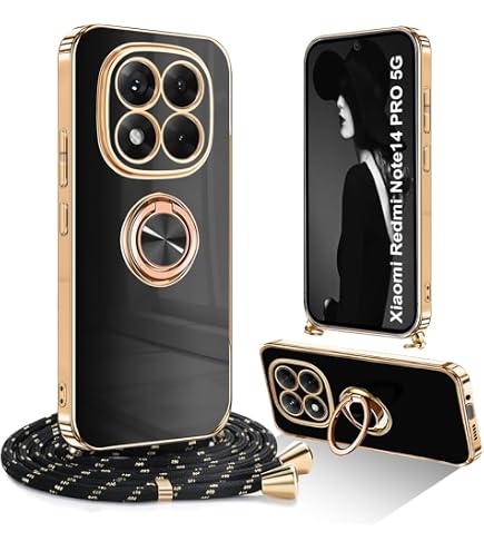 Cover Con Laccio E Supporto Per Xiaomi Redmi Note 14 Pro 5G – Custodia Galvanica Glitter Con Anello E Magnete Auto, Nero