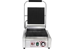 ‎BEEKETAL Beeketal 'BKG1' Gastro Kontaktgrill mit Gusseisen Grillpatten (oben und unten gerillt) mit Fettauffangschale, Profi Edelstahl Elektrogrill ideal als Panini Grill Maker oder Sandwich Toaster