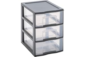 SUNDIS Tag Tower, petite tour de rangement en plastique gris, 3 tiroirs transparents format A5, hauteur 25,5 cm, superposable, idéale rangement cosmétiques, bijoux, accessoires, fournitures