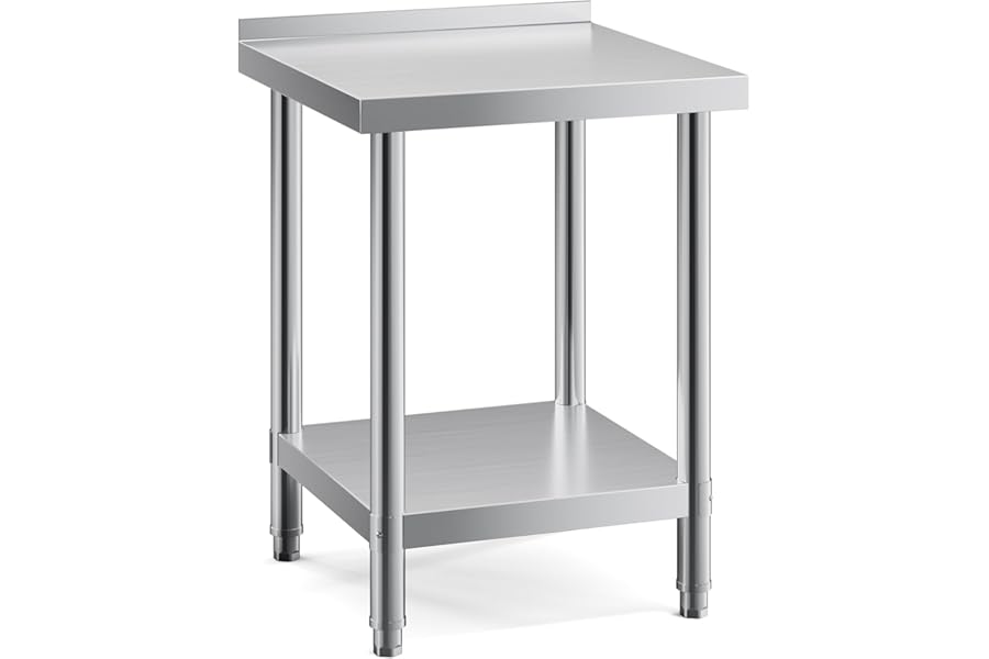 DKIEI 60 x 60 x 80cm Kitchen Catering Table Stainless Steel Food Prep Table, Heavy Duty Commercial Work Table with 3.5cm Backsplash & Bottom Shelf, 150kg Load Capacity Food Preparation Workbench
