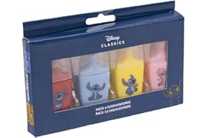 CERDÁ LIFE'S LITTLE MOMENTS Lot de 4 Surligneurs Stitch - Format Mini - en Rouge, Bleu, Jaune et Vert - avec Dessins Film Disney - en Plastique ABS - Produit Original Conçu en Espagne