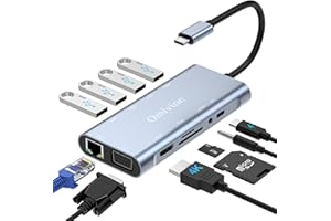 OMIVINE 11-In-1 USB C Hub mit PD 100W, 4K HDMI, VGA, Ethernet, 1 X USB 3.0, 3 X USB 2.0, SD/TF Kartenleser, 3.5 mm Aux Ports für iPhone 16/15, MacBook, iPad, Samsung, Mac, Surface, Dell, Laptop, PS4, TV