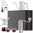 MAVO Pour Over Coffee Maker Set, 12 in 1 Set Box, Manual Coffee Grinder, Pour Over Kettle, Ceramic Pour Over Coffee Dripper with Tray, Glass Coffee Servers, Coffee Cup, Paper Coffee Filter, White