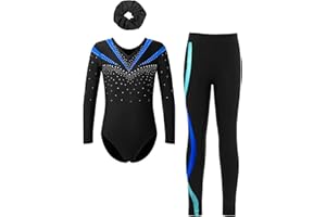 Fldy Kinder Mädchen Gymnastikanzug Langarm Mit Hose Lang Glitzer Turn Trikot Leggings Haargummi 3er Tanzkleidung Set