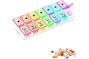 Pastillero Semanal Español 2 Tomas,GeekerChip Pastillero Diario 7 Dias,con 14 Compartimentos,Organizador de Pastillas para Viaje,para Vitaminas, Suplementos y Medicamentos(Multicolor)