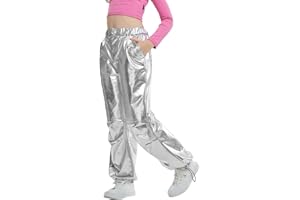 LOLANTA Niños Pantalones de Cuero Metálico Brillante Traje de Baile Hip Hop Retro Pantalones Cargo con Cintura Elástica para 6-13 años