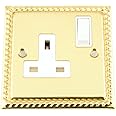 Socket 1 Gang - Polished Brass Georgian - White Insert Plastic Switch - 13A Single Wall Plug Socket