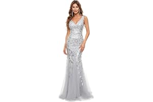 Ever-Pretty Vestito da Cerimonia Donna Sirena Paillettes Tulle Petto Basso Scollo a V Senza Maniche Stile Impero 07886
