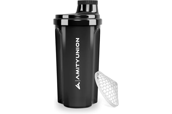 AMITYUNION Protein Shaker 700 ml Heaven étanche, sans BPA avec tamis cliquable et balance pour shakes de lactosérum crémeux, coupes de fitness pour isolats et concentrés sportifs, original en noir