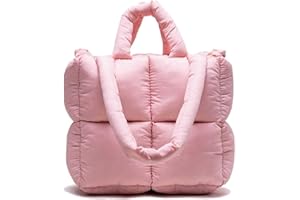 JIAHEY Femmes Puffer Tote Bag - Grand Puffer Tote Bag Portefeuille rembourré Souple Coton Plaid matelassé Sac à bandoulière Unique Sac à Main (Pink)