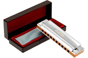 East Top 10 Holes Professional Diatonic Blues Harmonica Key of F con cubierta plateada, Probgrade Armónica para adultos, jugadores profesionales y estudiantes