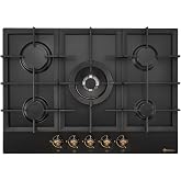 SOLTHERMIC BL032 Rustic Black Gas Plate with Golden Handles/Width 70 cm Recessed in 60 cm Hole/5 Burners with Automatic Ignit