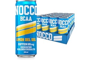 NOCCO BCAA - Bebida Energética con 180mg Cafeína, 3000 mg BCAA, Sin Azúcar, Sin Carbohidratos, Enriquecida con Vitaminas - 24 x 330ml inkl. Pfand (Limón Del Sol)
