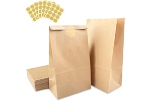 Fousenuk 50 Piezas Bolsas Papel Kraft 13 x 8 x 24 cm, Bolsas de Papel Pequeñas con 84 Pegatinas, Bolsa Kraft de Chuches Marrón para Embalaje de Regalo, Fiestas de Cumpleaños, Compras, Bodas, Navidad