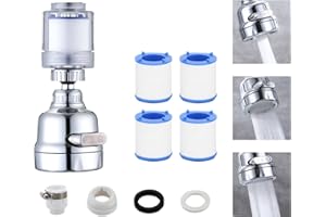 CSENASON Water Filter Tap, 360° Rotatable Tap Filter with 4 Pieces Cotton Filter Element Water Filter System Three Water Outlet Modes Water Filter Taps for Kitchen Bathroom
