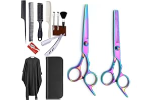 HEYOUTH Ciseaux Coiffure,Ciseaux Desepaississant Cheveux,Ciseaux Coiffeur Professionnel,14 Pcs Ciseaux Coiffure Professionnel vec Peigne Cheveux Ciseaux,Peigne Lame,Clips,pour Hommes,Femmes (coloré, 14PCS)