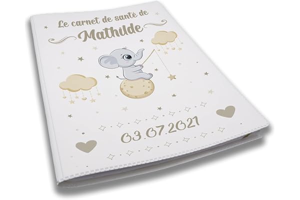 Protège carnet de santé personnalisé, idée cadeau personnalisable bébé, cadeau naissance original, Couverture Éléphant Lune - CL 0007a (Blanc)