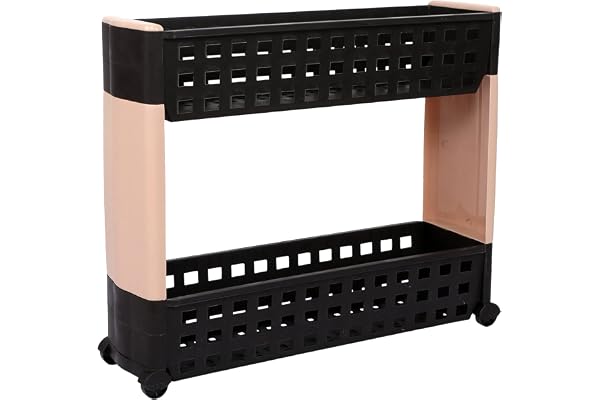 Cutting EDGE 2 Layer Slim Storage Rack with Wheels Multipurpose Slide-Out Shelf Organizer for Kitchen, Bathroom, Laundry & Office Durable Plastic, Space Saving Design (Brown & Beige)