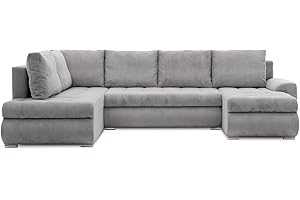 ‎MEBLIGO Mebligo - Ecksofa mit Schlaffunktion und Bettkasten Tokio II PRO, 300 cm Breit, Wohnzimmer Eckcouch Ottomane Links, Sofa Cord mit Bettfunktion - Sofa Hellgrau (Poso 055)