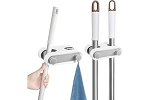 NAKIYO Broom Mop Holder,2 Pcs Wall Mounted Broom Holder, Self Adhesive Kitchen Cupboard Organiser & Home Organisation, Utility Makeup Brush Holder Bathroom, Laundry, Kitchen, Garden, Garage-White