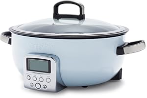 GreenPan Elite Wesentlich Schlau Elektrisch 5.6L Bratentopf,Einfache Brat- Sautier- Rühr- und Reiskocher-Vorwahlen,PFAS-freie Gesunde Keramik-Antihaft,Spülmaschinenfeste Teile,LED-Anzeige,Blue Haze