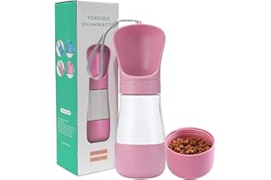 VERTUPET Wasserflasche für Hund 490ml 2-in-1 Tragbare Haustier Trinkflasche Hunde für Unterwegs mit 320ml Hundetrinkflasche und 170ml Hundefutter Becher für Täglich Spazieren Gehen Reisen (Rosa)