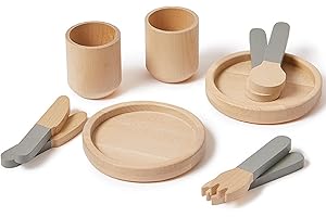 FLEXA Wooden Cutlery Dish Set | Crockery Play Kitchen Set for Kids | Role Play Mud Kitchens Accessories for Outdoor Indoor | Tableware Set for Imaginative Play | FSC-Certified | Gift for boys & girls