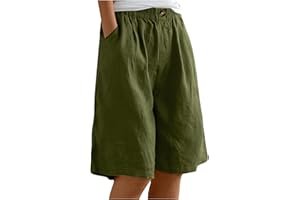 NSICBMNO Short d'été en lin pour femme avec poches - Longueur genou - Bermuda à jambe large - Taille élastique - Short long - Short de plage décontracté - Grande taille