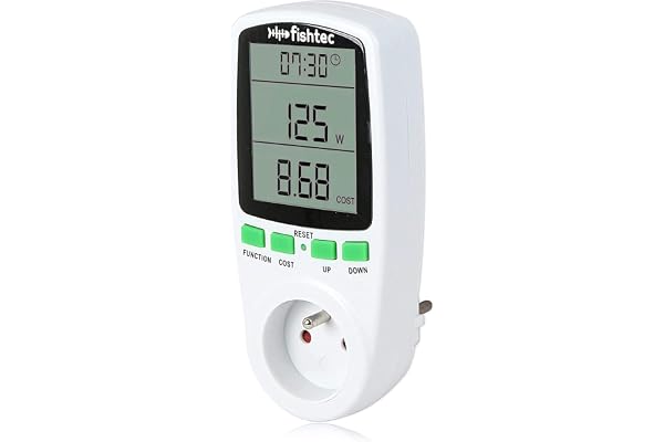 FISHTEC - Wattmètre Compteur De Consommation Électrique 16A 3680W Avec Grand Écran LCD Mesure W kWh V A Coût Énergie Mémoire Protection Surcharge Affichage Overload Suivi Dépenses Maison