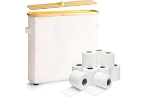 BINGYOUTH Toilettenpapier Aufbewahrung Korb mit Deckel und Griff, Bambus Toilet Paper Organizer Badezimmer Organizer mit Fußpolster, Toilettenpapier Aufbewahrungsbehälter für 12 Rollen Klopapier Beige
