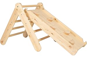 MEOWBABY Triangle d'escalade avec Toboggan pour Enfants - Montessori Triangle Pikler Mur d'escalade pour Bébé en Bois, Naturel