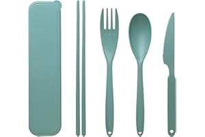 FAUMSUT Set di posate da viaggio di grandi dimensioni con custodia, set di posate in plastica riutilizzabile, set di bacchette portatile, coltello, forchetta e cucchiaio